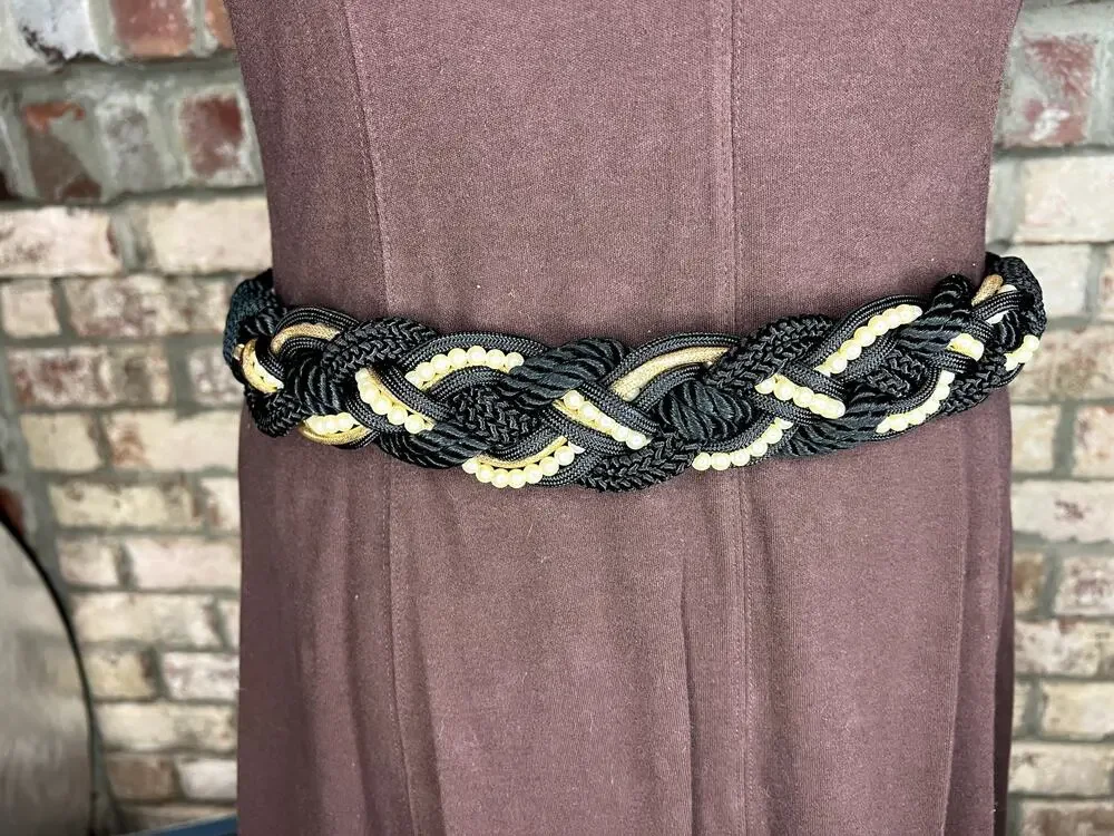 rope chord belt black gold faux pearls boho vintage 1980s